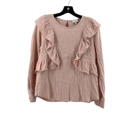 Lucky Brand Women's 100% Cotton Pink Linen Long Sleeve Ruffled Top Shirt Size S - Picture 2 of 9